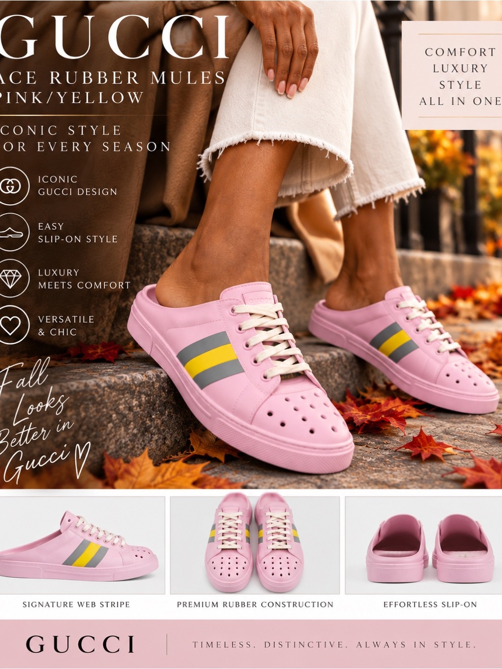 Gucci Pink Mule-Back Sneaker with Yellow & Gray Stripes